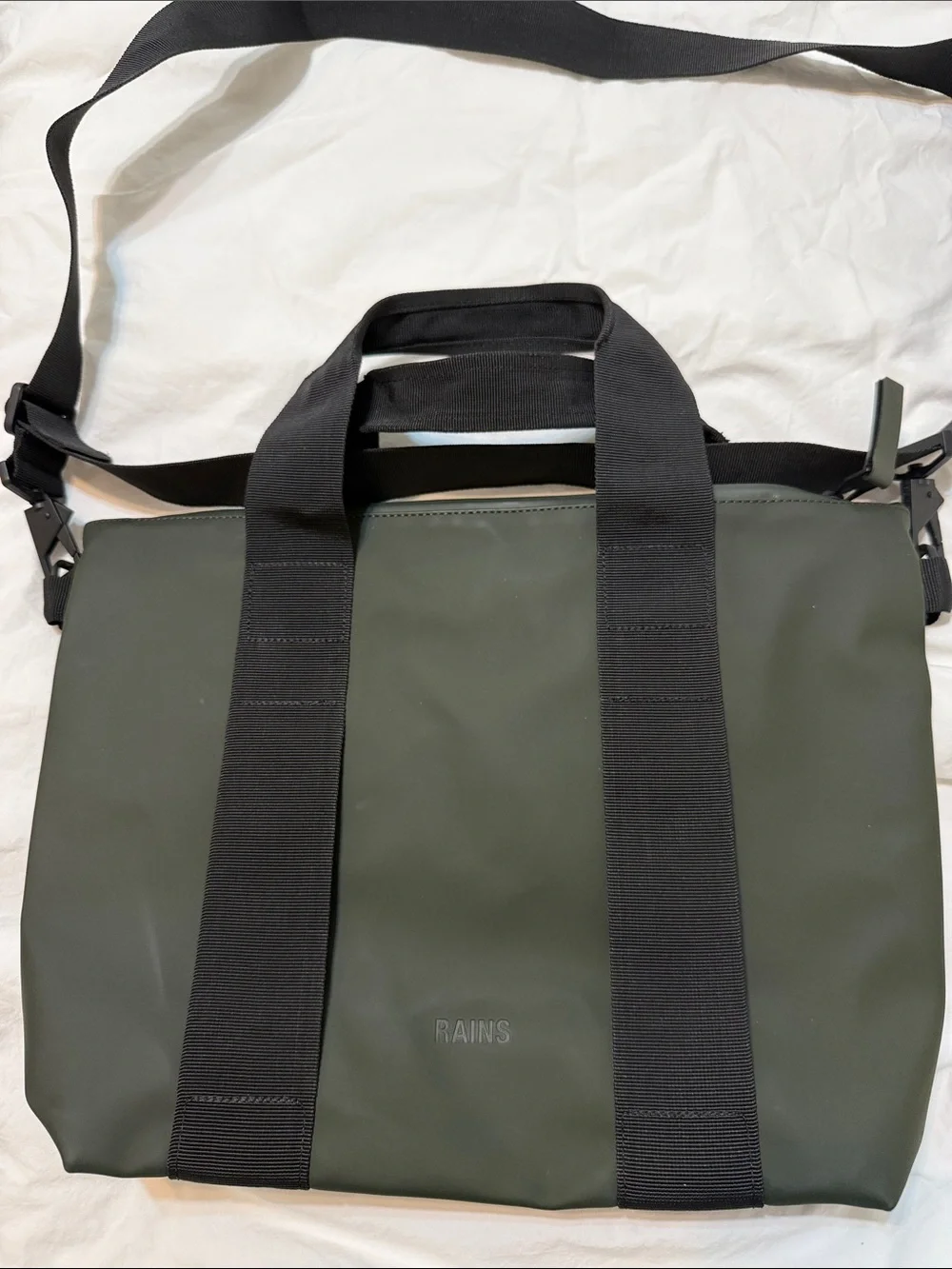 RAINS Olive Green Laptop Bag with Black Straps